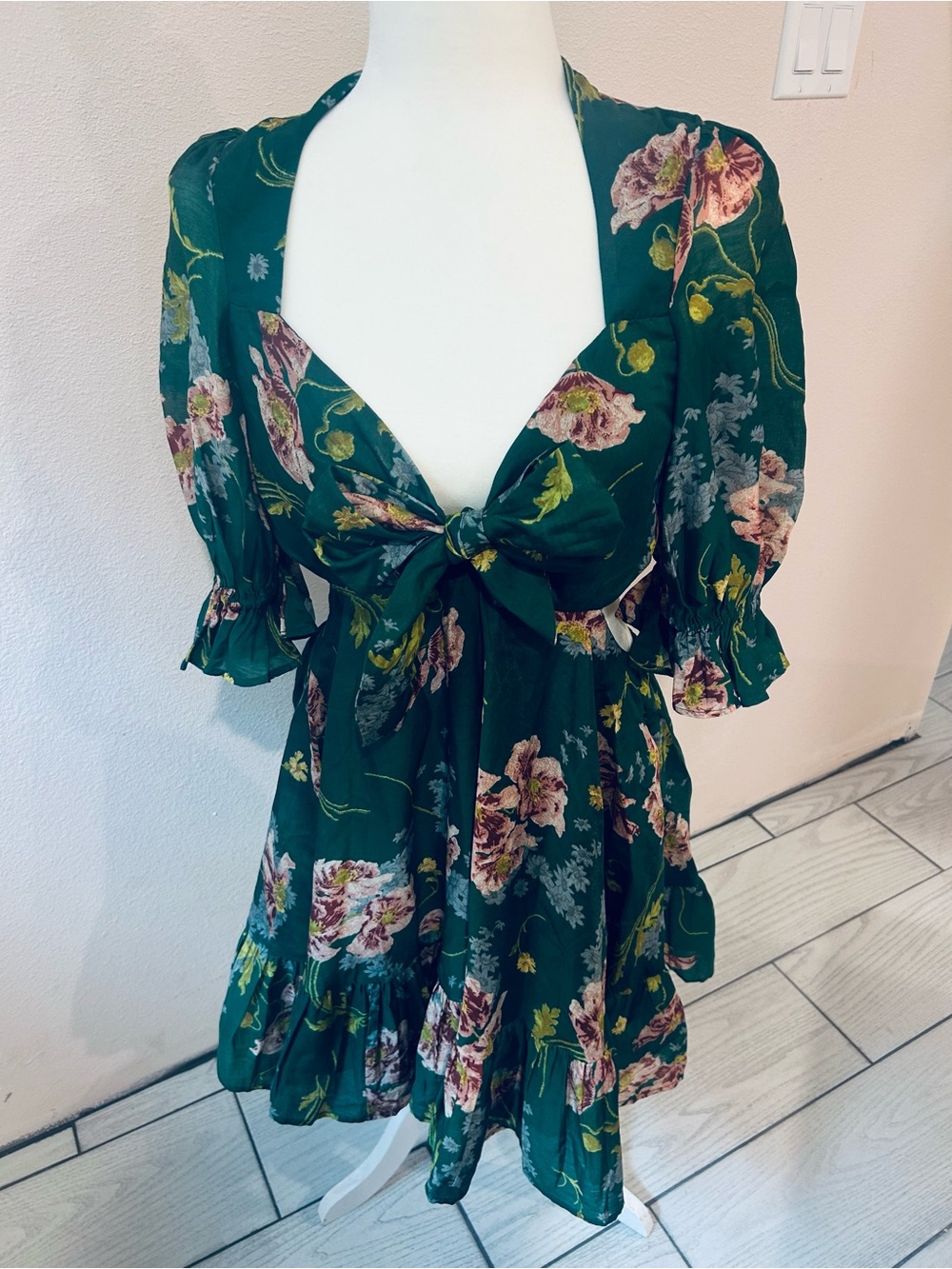 ASOS Dark Green Floral Tie-Front Dress Top